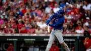 Chicago Cubs designated hitter Cody Bellinger (2) hits a base hit in the third inning of the MLB game between the Cincinnati Reds and the Chicago Cubs at Great American Ballpark in Cincinnati on Wednesday, July 31, 2024.