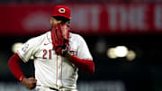Cincinnati Reds pitcher Hunter Greene (21) reacts after striking out the last batter of the top of the sixth inning in the MLB game between the Cincinnati Reds and the San Francisco Giants at Great American Ball Park in Cincinnati on Saturday, Aug. 3, 2024.