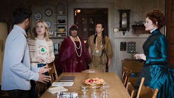 “St. Hetty’s Day” – Hetty’s ghost power is revealed when Jay’s cousin Sunil visits Woodstone Mansion on St. Patrick’s Day, on the CBS Original series GHOSTS, Thursday, March 13 (8:31-9:01 PM, ET/PT) on the CBS Television Network, and streaming on Paramount+ (live and on demand for Paramount+ with SHOWTIME subscribers, or on demand for Paramount+ Essential subscribers the day after the episode airs)*. Pictured (L-R): Utkarsh Ambudkar as Jay, Rose McIver as Samantha, Danielle Pinnock as Alberta,