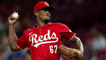 Cincinnati Reds pitcher Yosver Zulueta (67) delivers a pitch in the ninth inning of the MLB game between the Cincinnati Reds and the Chicago Cubs at Great American Ballpark in Cincinnati on Wednesday, July 31, 2024.