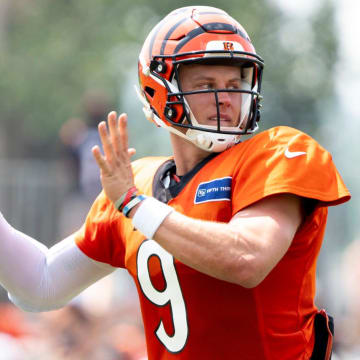 Cincinnati Bengals quarterback Joe Burrow (9) throws a pass at Cincinnati Bengals training camp on the Kettering Health Practice Fields in Cincinnati on Sunday, Aug. 4, 2024.