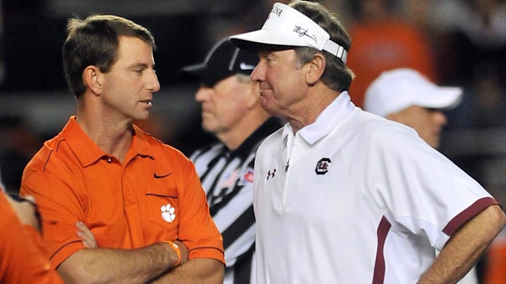 Clemson head coach Dabo Swinney and USC head coach Steve Spurrier meet at midfield before their matchup at William-Brice Stadium on Saturday, November 26, 2011.

Clemson Usc Coaches