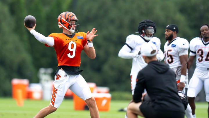 Cincinnati Bengals quarterback Joe Burrow (9) throws a ball at Cincinnati Bengals training camp on the Kettering Health Practice Fields in Cincinnati on Friday, Aug. 2, 2024.