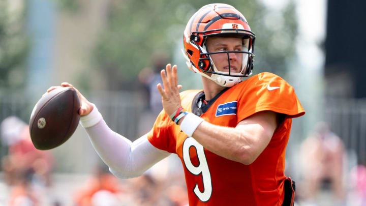 Cincinnati Bengals quarterback Joe Burrow (9) throws a pass at Cincinnati Bengals training camp on the Kettering Health Practice Fields in Cincinnati on Sunday, Aug. 4, 2024.