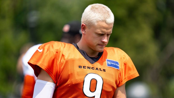 Cincinnati Bengals quarterback Joe Burrow (9) at practice at Cincinnati Bengals training camp on the Kettering Health Practice Fields in Cincinnati on Sunday, Aug. 4, 2024.