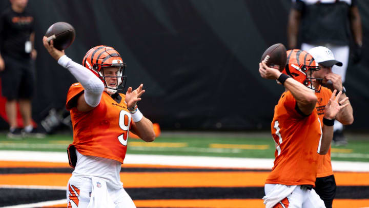 Cincinnati Bengals quarterback Joe Burrow (9) throws a pass during Cincinnati Bengals practice at Paycor Stadium on Thursday, Aug. 8, 2024.