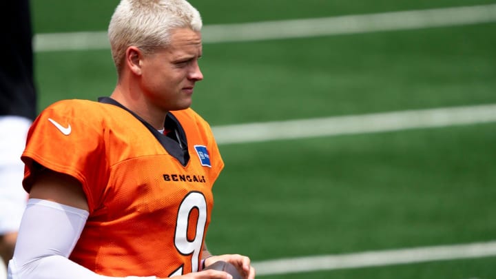 Cincinnati Bengals quarterback Joe Burrow (9) holds the football during Cincinnati Bengals practice at Paycor Stadium on Thursday, Aug. 8, 2024.