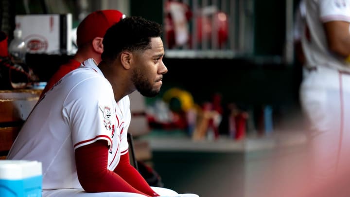 Aug 3, 2024; Cincinnati, Ohio, USA; Cincinnati Reds pitcher Hunter Greene (21) looks on in the second inning against the San Francisco Giants at Great American Ball Park. Mandatory Credit: Albert Cesare-USA TODAY Sports