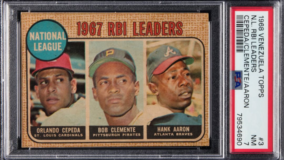 This 1968 Venezuela Topps N.L. RBI Leaders PSA 7 card sold for $2,100 in 2023. The standard U.S. Topps version in a PSA 7 recently sold for $165. 