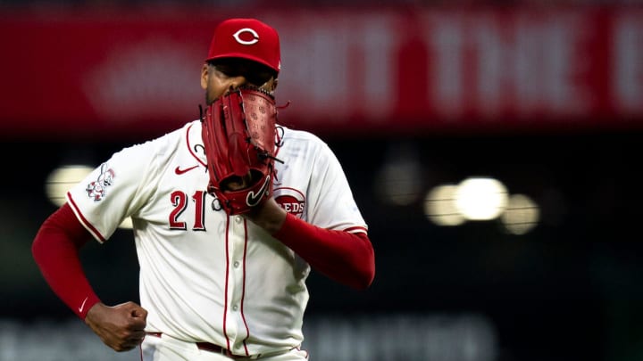 Cincinnati Reds pitcher Hunter Greene (21) reacts after striking out the last batter of the top of the sixth inning in the MLB game between the Cincinnati Reds and the San Francisco Giants at Great American Ball Park in Cincinnati on Saturday, Aug. 3, 2024.