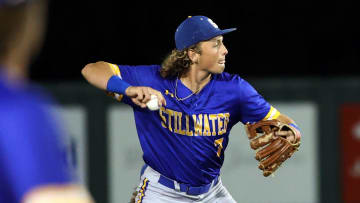 Ethan Holliday throws to first during the Class 6A State Baseball Tournament as Choctaw plays Stillwater on May 9, 2024; Norman, OK, [USA]; at Norman North HS. Mandatory Credit: Steve Sisney-The Oklahoman