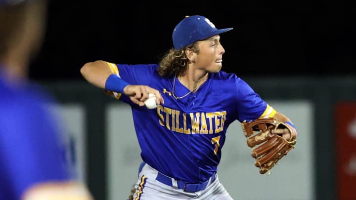 Ethan Holliday throws to first during the Class 6A State Baseball Tournament as Choctaw plays Stillwater on May 9, 2024; Norman, OK, [USA]; at Norman North HS. Mandatory Credit: Steve Sisney-The Oklahoman