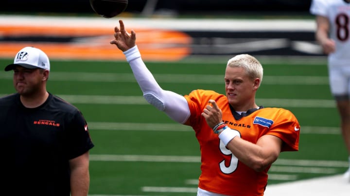 Cincinnati Bengals quarterback Joe Burrow (9) throws a ball during Cincinnati Bengals practice at Paycor Stadium on Thursday, Aug. 8, 2024.