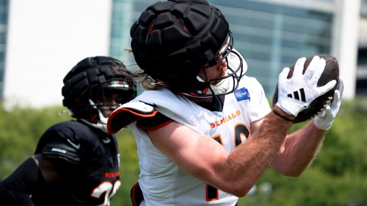 Cincinnati Bengals wide receiver Trenton Irwin (16) makes a catch at Cincinnati Bengals training camp on the Kettering Health Practice Fields in Cincinnati on Sunday, Aug. 4, 2024.