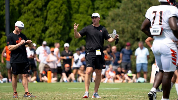 Cincinnati Bengals head coach Zac Taylor speaks at Cincinnati Bengals training camp on the Kettering Health Practice Fields in Cincinnati on Sunday, Aug. 4, 2024.