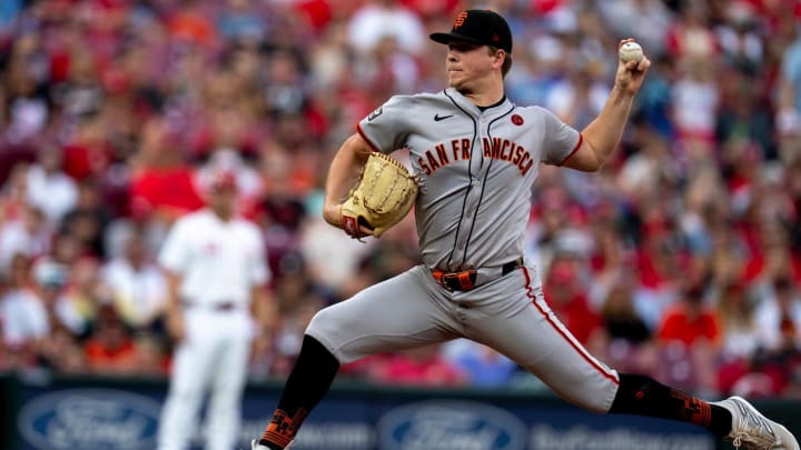 Aug 3, 2024; Cincinnati, Ohio, USA; San Francisco Giants pitcher Kyle Harrison (45) delivers against the Cincinnati Reds in the first inning at Great American Ball Park. 