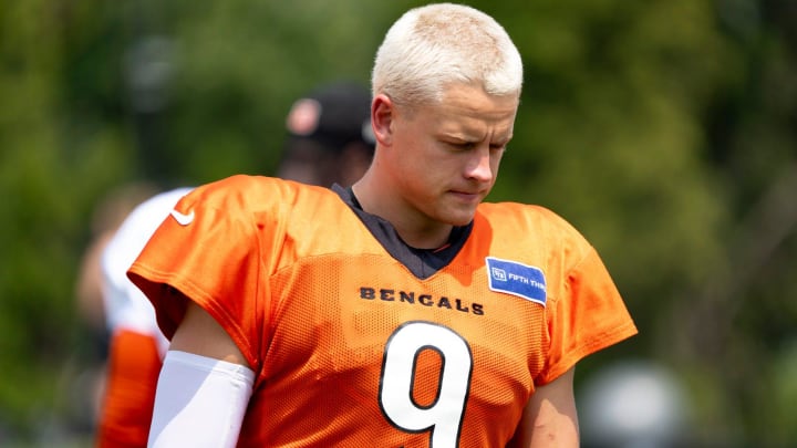 Cincinnati Bengals quarterback Joe Burrow (9) at practice at Cincinnati Bengals training camp on the Kettering Health Practice Fields in Cincinnati on Sunday, Aug. 4, 2024.