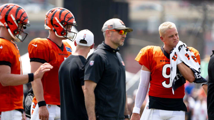 Cincinnati Bengals quarterback Joe Burrow (9) looks on at Cincinnati Bengals training camp on the Kettering Health Practice Fields in Cincinnati on Sunday, Aug. 4, 2024.