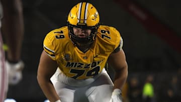 Sept 27, 2025; Columbia, Missouri, USA; Missouri Tigers offensive lineman Keagan Trost (79) lines up in a game against UMass at Faurot Field at Memorial Stadium.