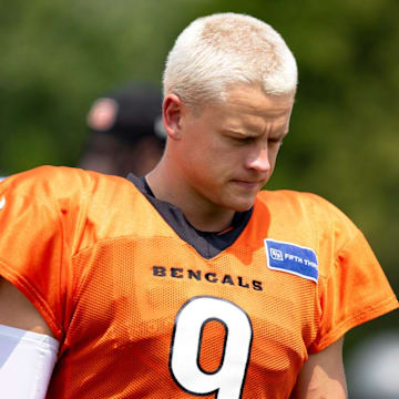 Cincinnati Bengals quarterback Joe Burrow (9) at practice at Cincinnati Bengals training camp on the Kettering Health Practice Fields in Cincinnati on Sunday, Aug. 4, 2024.