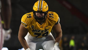 Sept 27, 2025; Columbia, Missouri, USA; Missouri Tigers offensive lineman Keagan Trost (79) lines up in a game against UMass at Faurot Field at Memorial Stadium.