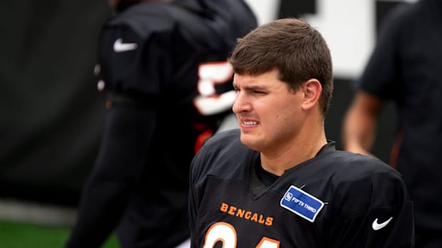 Cincinnati Bengals defensive end Trey Hendrickson (91) smiles during Cincinnati Bengals practice at Paycor Stadium