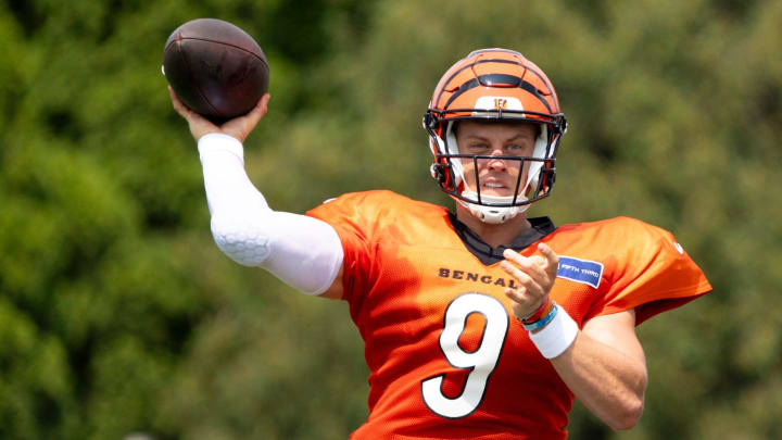 Cincinnati Bengals quarterback Joe Burrow (9) throws a pass at Cincinnati Bengals training camp on the Kettering Health Practice Fields in Cincinnati on Sunday, Aug. 4, 2024.