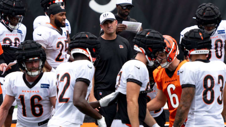 Cincinnati Bengals head coach Zac Taylor looks on during Cincinnati Bengals practice at Paycor Stadium on Thursday, Aug. 8, 2024.