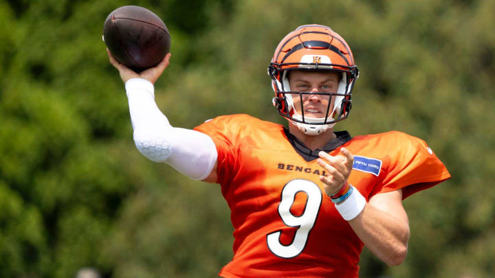 Cincinnati Bengals quarterback Joe Burrow (9) throws a pass at Cincinnati Bengals training camp on the Kettering Health Practice Fields in Cincinnati on Sunday, Aug. 4, 2024.