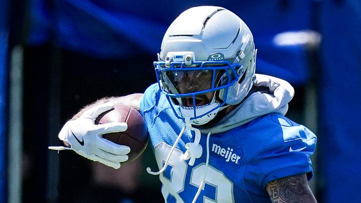 Detroit Lions tight end Tyler Conklin (83) practices a drill during OTAs at Meijer Performance Center in Allen Park on Friday, May 29, 2026.