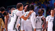 Vanderbilt basketball celebrates taking a big lead over Saint Mary's in the Battle 4 Atlantis Championship.
