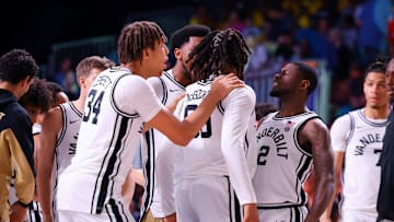 Vanderbilt basketball celebrates taking a big lead over Saint Mary's in the Battle 4 Atlantis Championship.