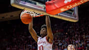 Indiana's Kaleb Banks (10) dunks during the first half of the Indiana versus Kennesaw State men's basketball game at Simon Skjodt Assembly Hall on Friday, Dec. 29, 2023.
