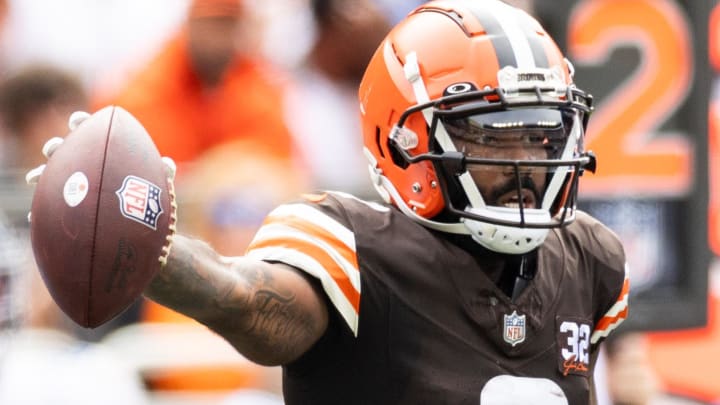 Sep 24, 2023; Cleveland, Ohio, USA; Cleveland Browns wide receiver Elijah Moore (8) signals for a first down following a reception during the second quarter at Cleveland Browns Stadium. Mandatory Credit: Scott Galvin-USA TODAY Sports