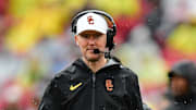 Nov 15, 2025; Los Angeles, California, USA; Southern California Trojans head coach Lincoln Riley watches game action against the Iowa Hawkeyes during the first half at the Los Angeles Memorial Coliseum. Mandatory Credit: Gary A. Vasquez-Imagn Images