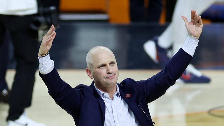 Apr 4, 2026; Indianapolis, IN, USA; UConn Huskies head coach Dan Hurley celebrates after defeating the Illinois Fighting Illini in a semifinal of the Final Four of the men's 2026 NCAA Tournament at Lucas Oil Stadium. Mandatory Credit: Trevor Ruszkowski-Imagn Images