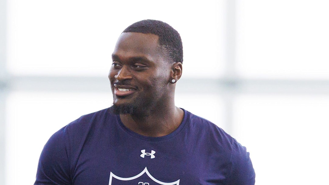 Running back Jeremiyah Love, right, during Notre Dame football's Pro Day at Irish Athletic Center on Tuesday, March 24, 2026, in South Bend.