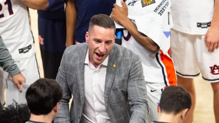 Auburn Tigers head coach Steven Pearl tells with his team as Auburn Tigers take on South Alabama Jaguars during the first round of the National Invitation Tournament at Neville Arena in Auburn, Ala. on Tuesday, March 17, 2026. Auburn Tigers defeated South Alabama Jaguars 78-67.
