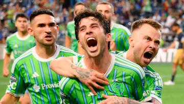 Paul Rothrock, center, has been a key factor in the Seattle Sounders' 2025 success. 