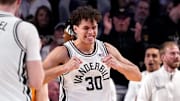 Vanderbilt guard Chris Manon (30) celebrates after he was fouled by Missouri during overtime at Memorial Gym in Nashville, Tenn., Saturday, March 1, 2025.
