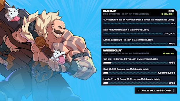 Braum alongside the Daily and Weekly Missions menu in 2XKO.
