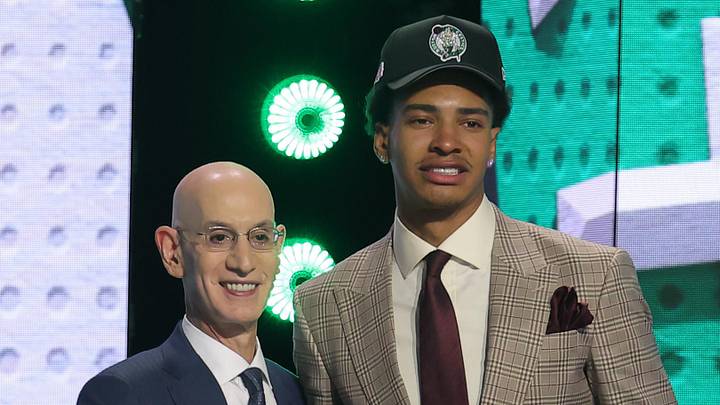 Jun 23, 2026; New York, NY, USA; NBA commissioner Adam Silver greets the twenty seventh pick in the 2026 NBA draft, Houston forward Chris Cenac Jr. after he was selected by the Boston Celtics at Barclays Center. Mandatory Credit: Brad Penner-Imagn Images