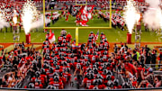 Sep 27, 2025; Raleigh, North Carolina, USA;  The North Carolina State Wolfpack takes to the field before the first half of the game against Virginia Tech Hokies at Carter-Finley Stadium. Mandatory Credit: Jaylynn Nash-Imagn Images