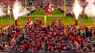 Sep 27, 2025; Raleigh, North Carolina, USA;  The North Carolina State Wolfpack takes to the field before the first half of the game against Virginia Tech Hokies at Carter-Finley Stadium. Mandatory Credit: Jaylynn Nash-Imagn Images
