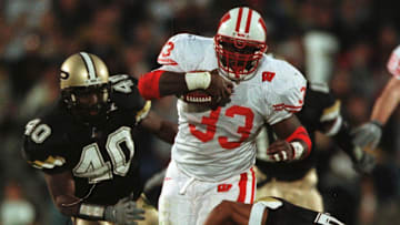 Ron Dayne bursts through big hole in the third quarter against Purdue, Saturday, November 6, 1999 in West Lafayette, Indiana. The Badgers beat the Boilermakers 28-21 and Ron Dayne ran 221 yards including a 41 yard touchdown run to win.

Ron Dayne Wis Badgers Vs Purdue