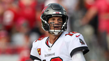 Tampa Bay Buccaneers quarterback Tom Brady looks to pass against the Carolina Panthers.