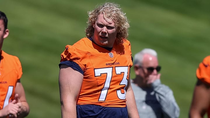 May 23, 2024; Englewood, CO, USA; Denver Broncos tackle Frank Crum (73) during organized team activities at Centura Health Training Center. 