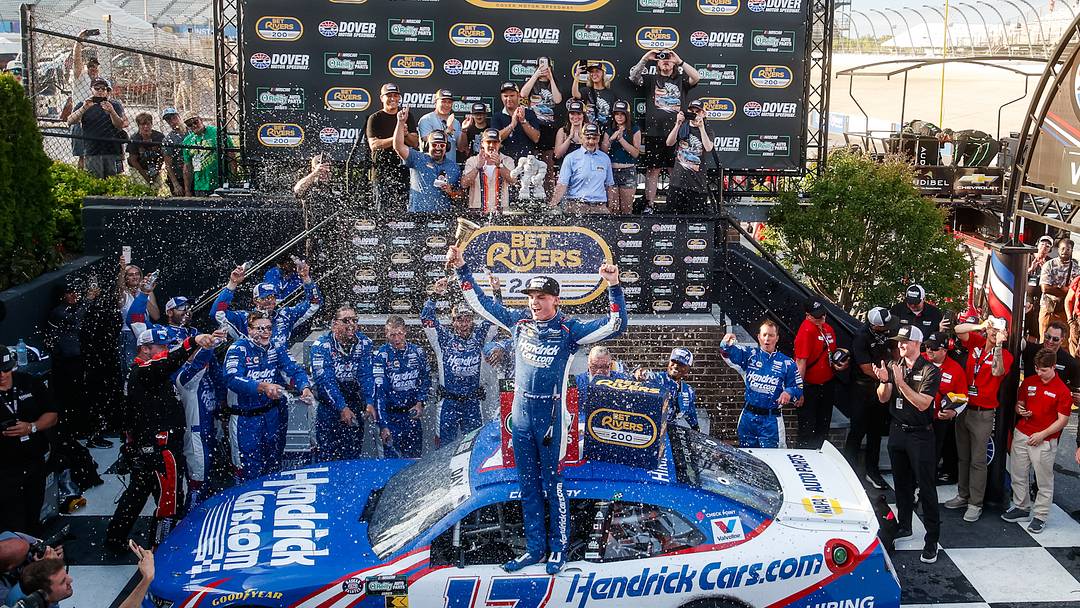 Corey Day celebrates in victory lane after a win in the BetRivers 200 at Dover Motor Speedway. Corey Day celebrates in victory lane after a win in the BetRivers 200 at Dover Motor Speedway.