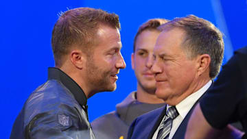 Jan 28, 2019; Atlanta, GA, USA; Los Angeles Rams head coach Sean McVay (left) greets New England Patriots head coach Bill Belichick (right) during Opening Night for Super Bowl LIII at State Farm Arena. Mandatory Credit: Dale Zanine-Imagn Images