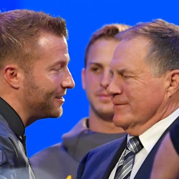 Jan 28, 2019; Atlanta, GA, USA; Los Angeles Rams head coach Sean McVay (left) greets New England Patriots head coach Bill Belichick (right) during Opening Night for Super Bowl LIII at State Farm Arena. Mandatory Credit: Dale Zanine-Imagn Images